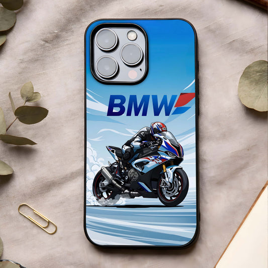 BMW Power Drift Glass Case showing full back design in clean flat view with dynamic motion artwork and glossy glass finish.