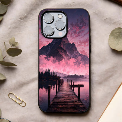 Beautiful Mountain View Glass Case showing full back design in clean flat view with scenic landscape detailing and glossy glass finish.