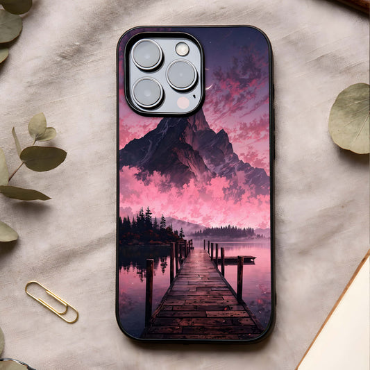 Beautiful Mountain View Glass Case showing full back design in clean flat view with scenic landscape detailing and glossy glass finish.