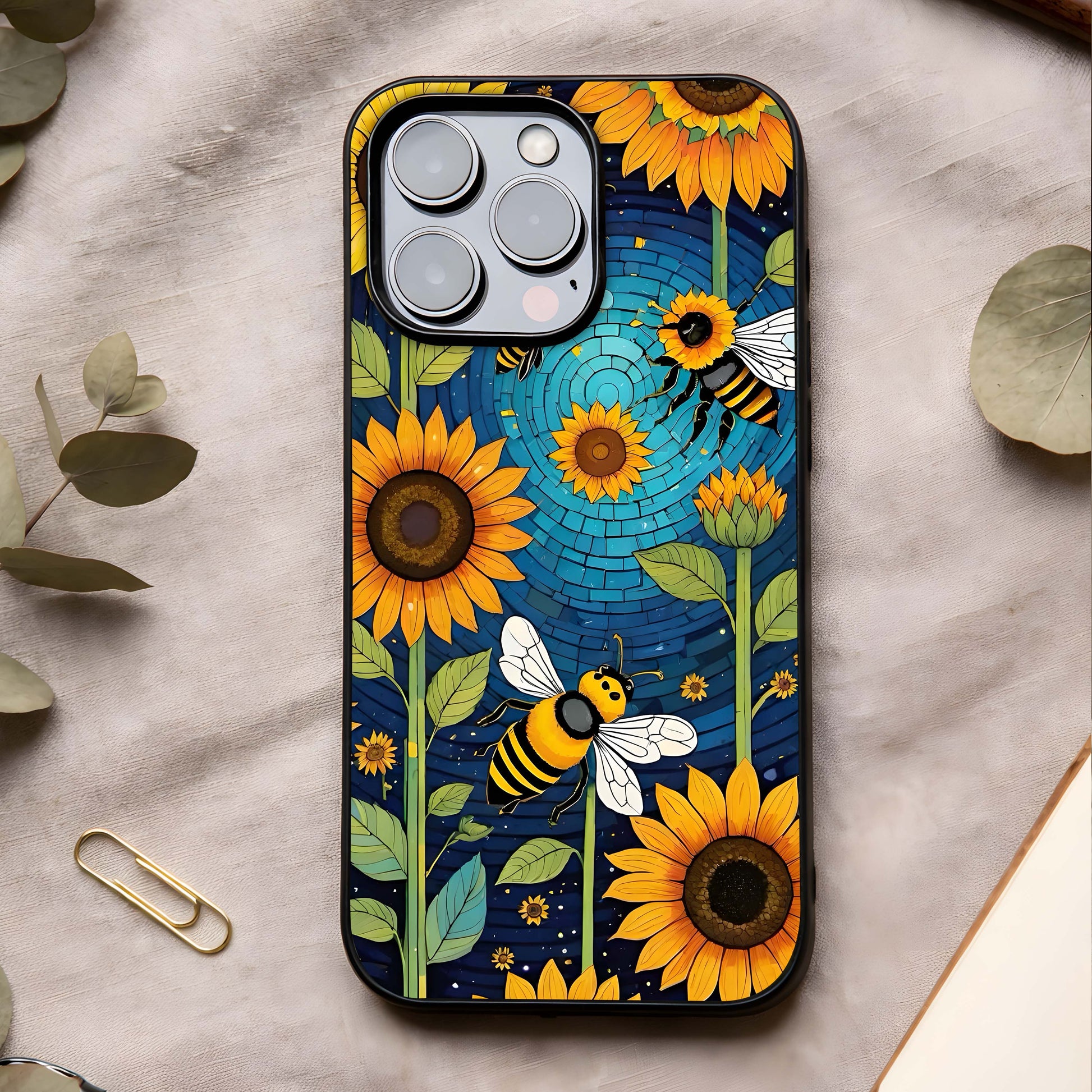 Bees & Sunflowers Glass Case showing full back design in clean flat view with vibrant floral detailing and glossy glass finish.