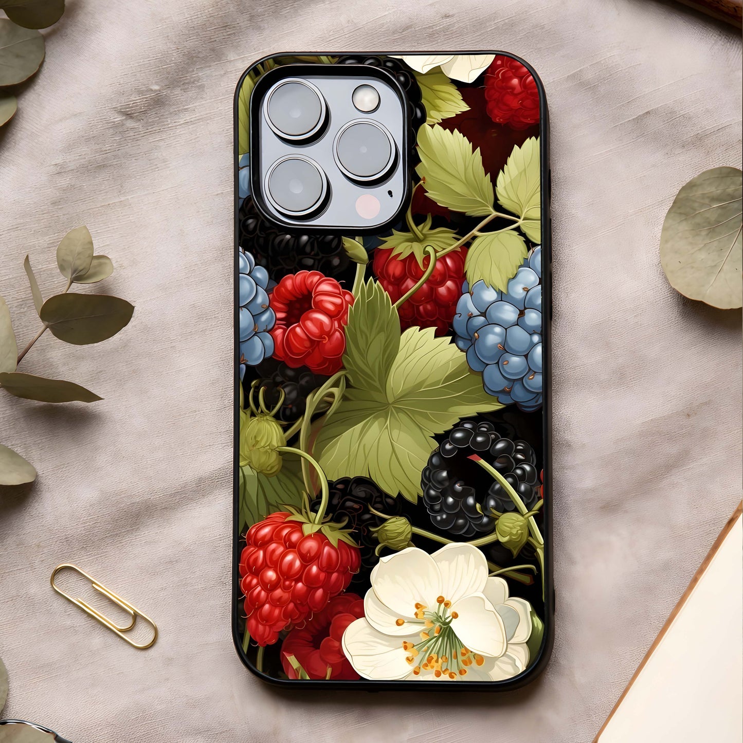 Berry Bloom Charm Glass Case showing full back design in clean flat view with delicate floral accents and glossy glass finish.