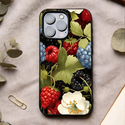 Berry Bloom Charm Glass Case showing full back design in clean flat view with delicate floral accents and glossy glass finish.