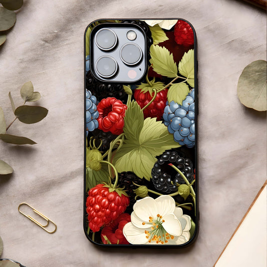 Berry Bloom Charm Glass Case showing full back design in clean flat view with delicate floral accents and glossy glass finish.