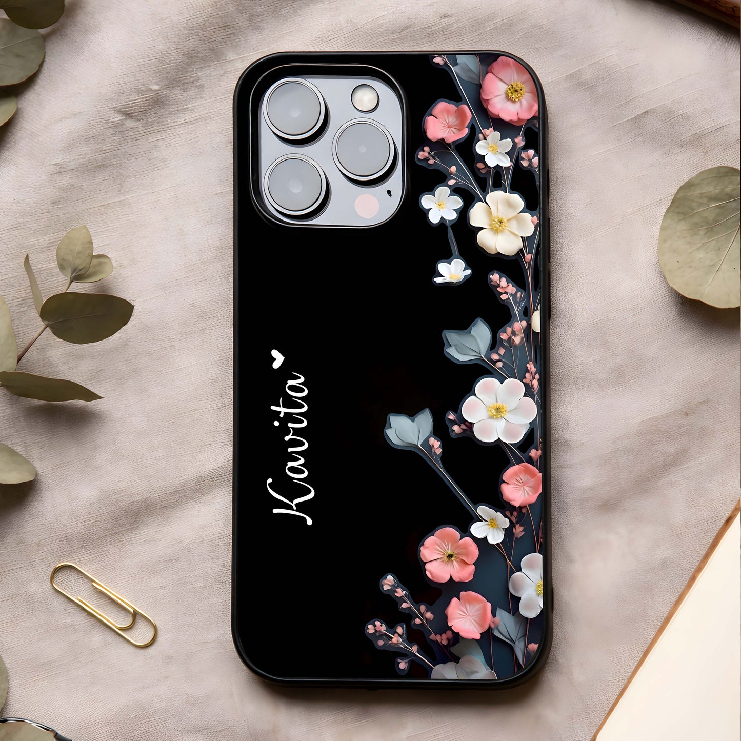 Black Elegance Floral Custom Name Glass Case showing full back design in clean flat view with dark floral detailing and glossy glass finish.