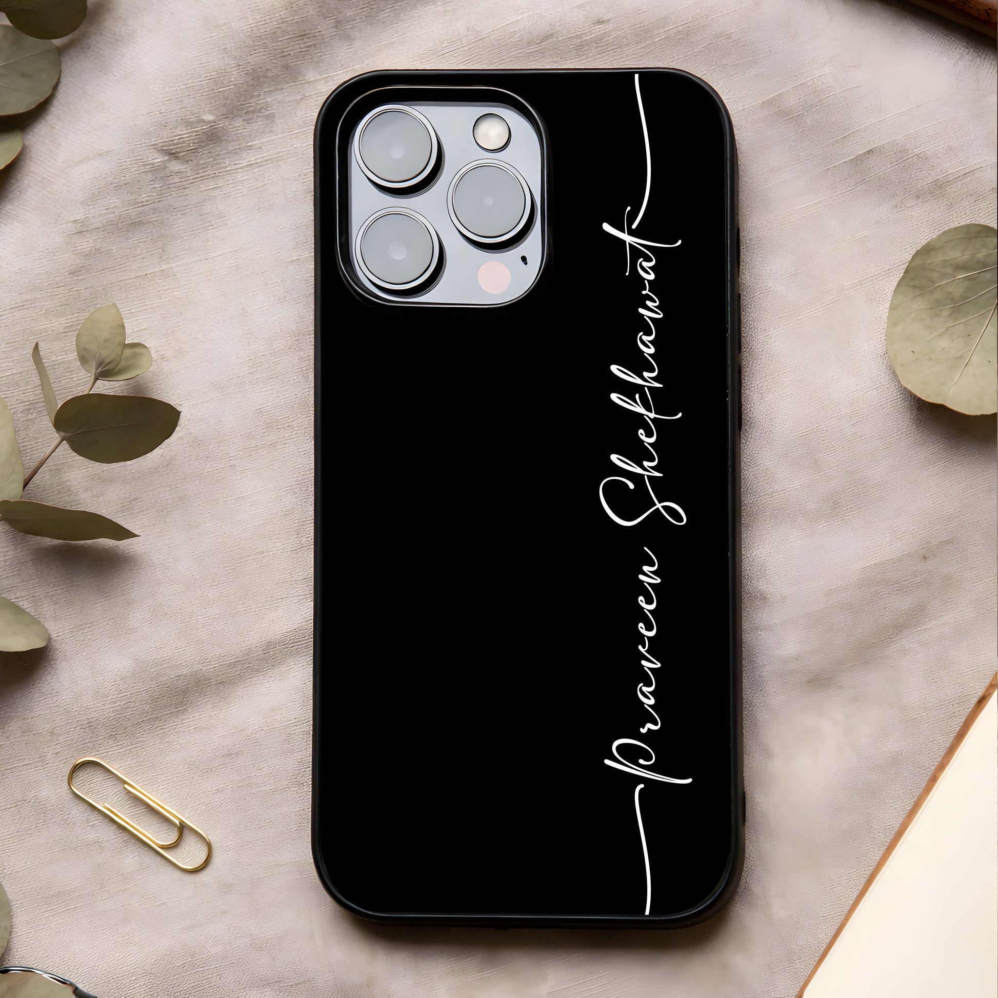 Black Tune Custom Name Glass Case showing full back design in clean flat view with minimal dark styling and glossy glass finish.