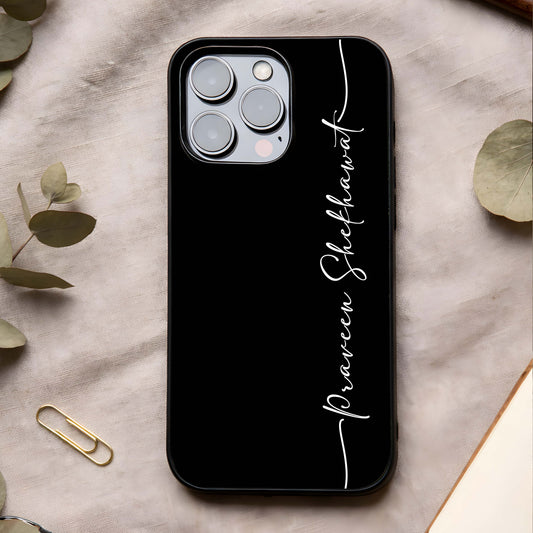 Black Tune Custom Name Glass Case showing full back design in clean flat view with minimal dark styling and glossy glass finish.