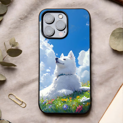 Blissful Cloud Pup Glass Case showing full back design in clean flat view with soft illustration and glossy glass finish.