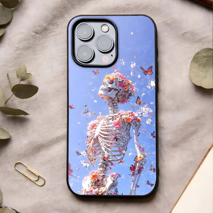 Bloom Beyond Bones Glass Case showing full back design in clean flat view with symbolic artwork and glossy glass finish.