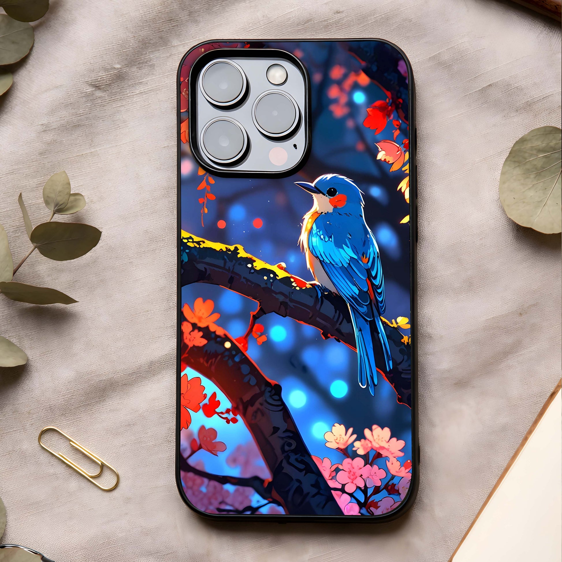 Blooming Spendor Bird Glass Case showing full back design in clean flat view with elegant bird artwork and glossy glass finish.