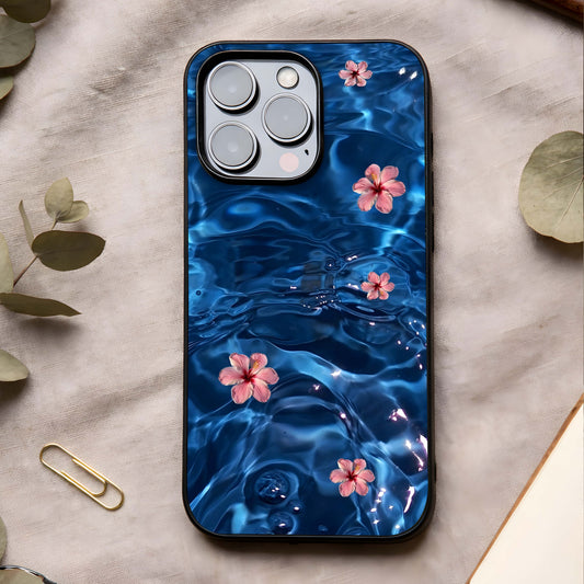 Blooming Water Drift Glass Case showing full back design in clean flat view with fluid artwork and glossy glass finish.
