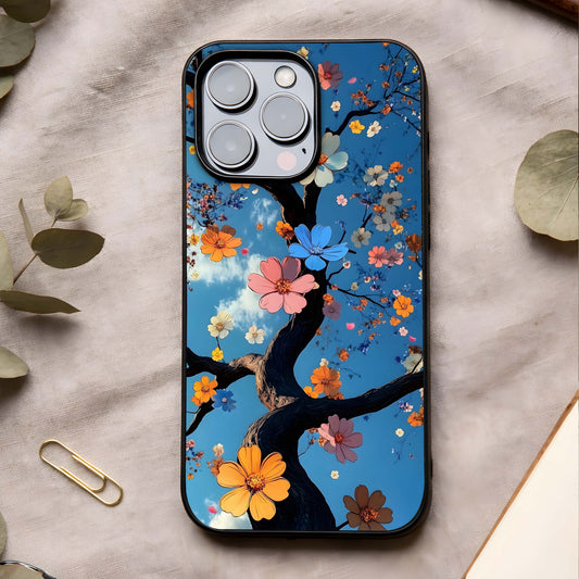 Blossom Dream Sky Glass Case showing full back design in clean flat view with airy sky tones and glossy glass finish.