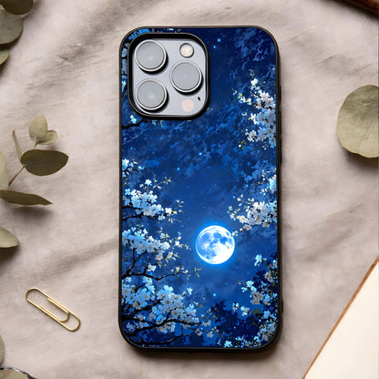 Blossom Moonlight Sky Glass Case showing full back design in clean flat view with moonlit tones and glossy glass finish.