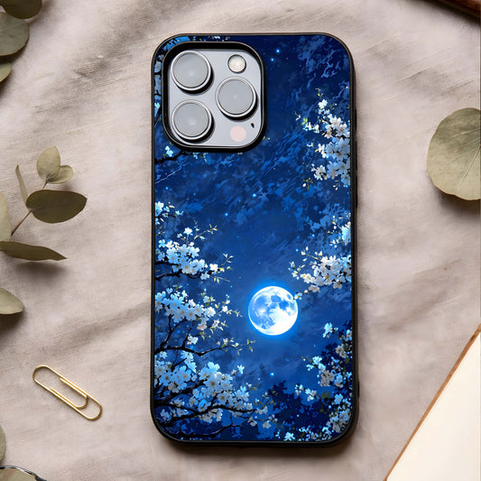 Blossom Moonlight Sky Glass Case showing full back design in clean flat view with moonlit tones and glossy glass finish.