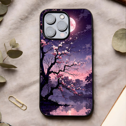 Blossom Pink Moon Glass Case showing full back design in clean flat view with pastel lunar tones and glossy glass finish.