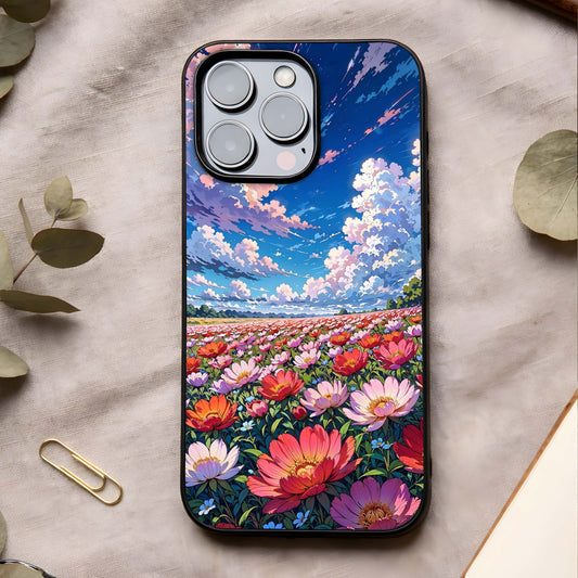 Blossom Sky Field Glass Case showing full back design in clean flat view with open landscape tones and glossy glass finish.