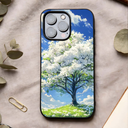 Blossom Sky Serenity Glass Case showing full back design in clean flat view with calm sky tones and glossy glass finish.