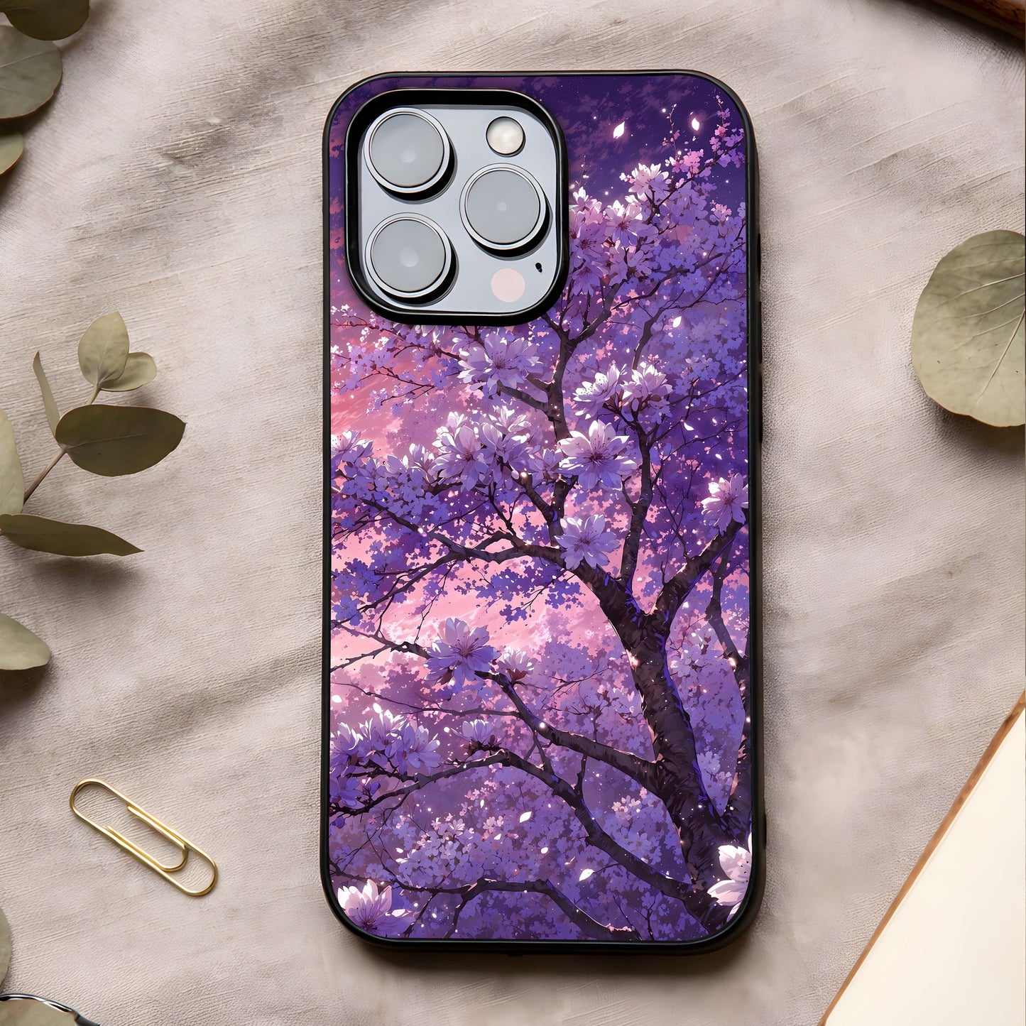 Blossom Tree Glass Case showing full back design in clean flat view with floral tree artwork and glossy glass finish.