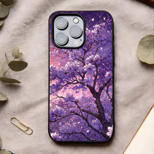 Blossom Tree Glass Case showing full back design in clean flat view with floral tree artwork and glossy glass finish.