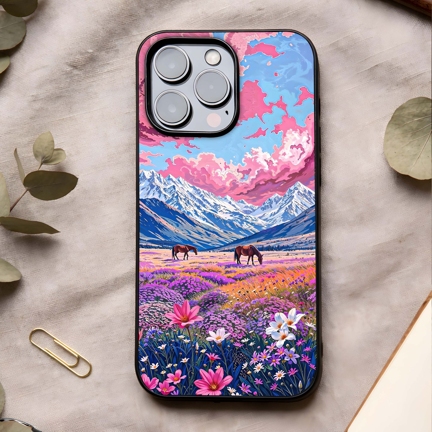 Blossom Valley Dream Glass Case showing full back design in clean flat view with scenic valley tones and glossy glass finish.