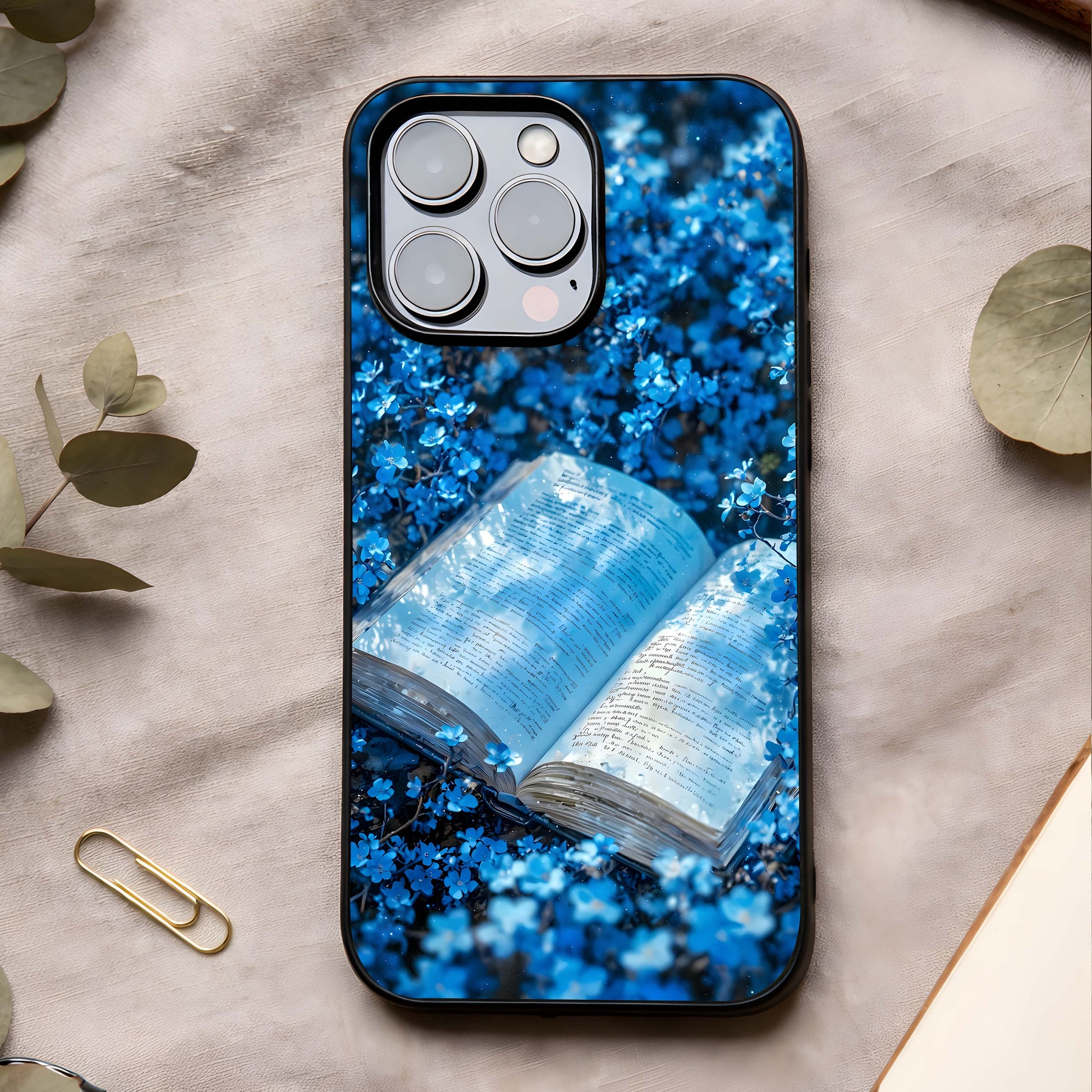 Blue Bloom Tales Glass Case showing full back design in clean flat view with soft blue florals and glossy glass finish.