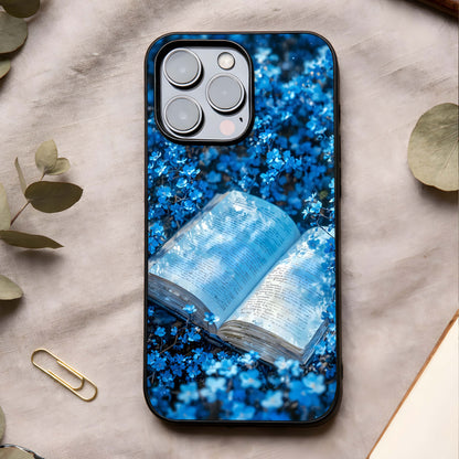 Blue Bloom Tales Glass Case showing full back design in clean flat view with soft blue florals and glossy glass finish.
