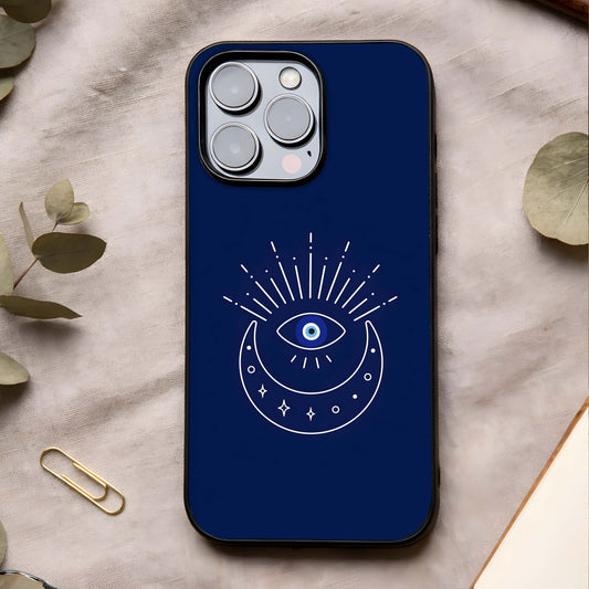 Blue Evil Eye Glass Case showing full back design in clean flat view with protective symbol detailing and glossy glass finish.
