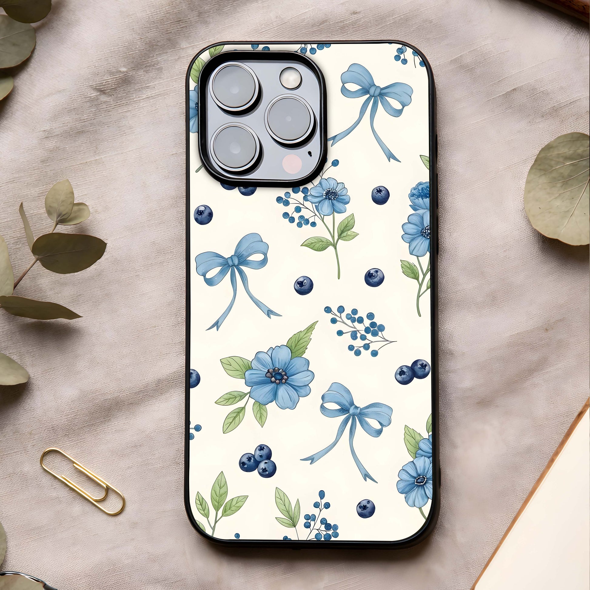 Blue Flower & Bow Glass Case showing full back design in clean flat view with charming floral accents and glossy glass finish.