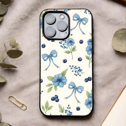 Blue Flower & Bow Glass Case showing full back design in clean flat view with charming floral accents and glossy glass finish.