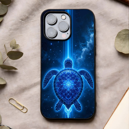 Blue Galaxy Turtle Glass Case showing full back design in clean flat view with cosmic turtle artwork and glossy glass finish.