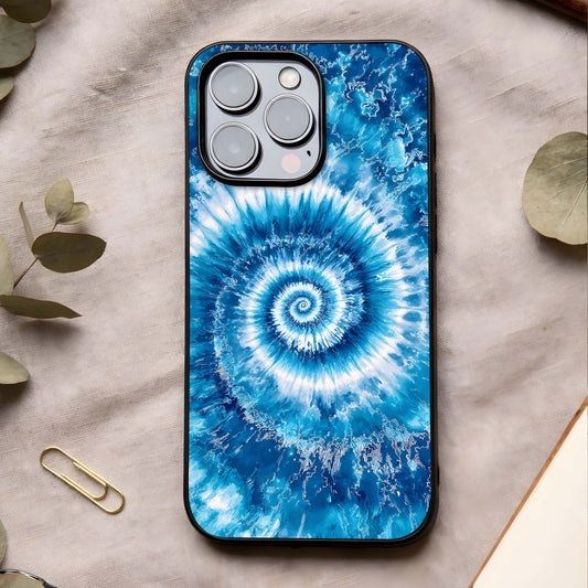 Blue Galaxy Wave Glass Case showing full back design in clean flat view with cosmic wave patterns and glossy glass finish.