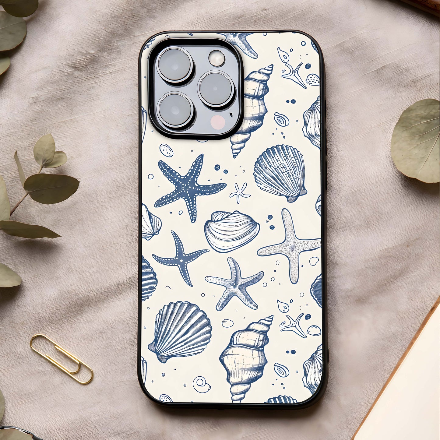 Blue Ocean Outline Glass Case showing full back design in clean flat view with minimal ocean lines and glossy glass finish.