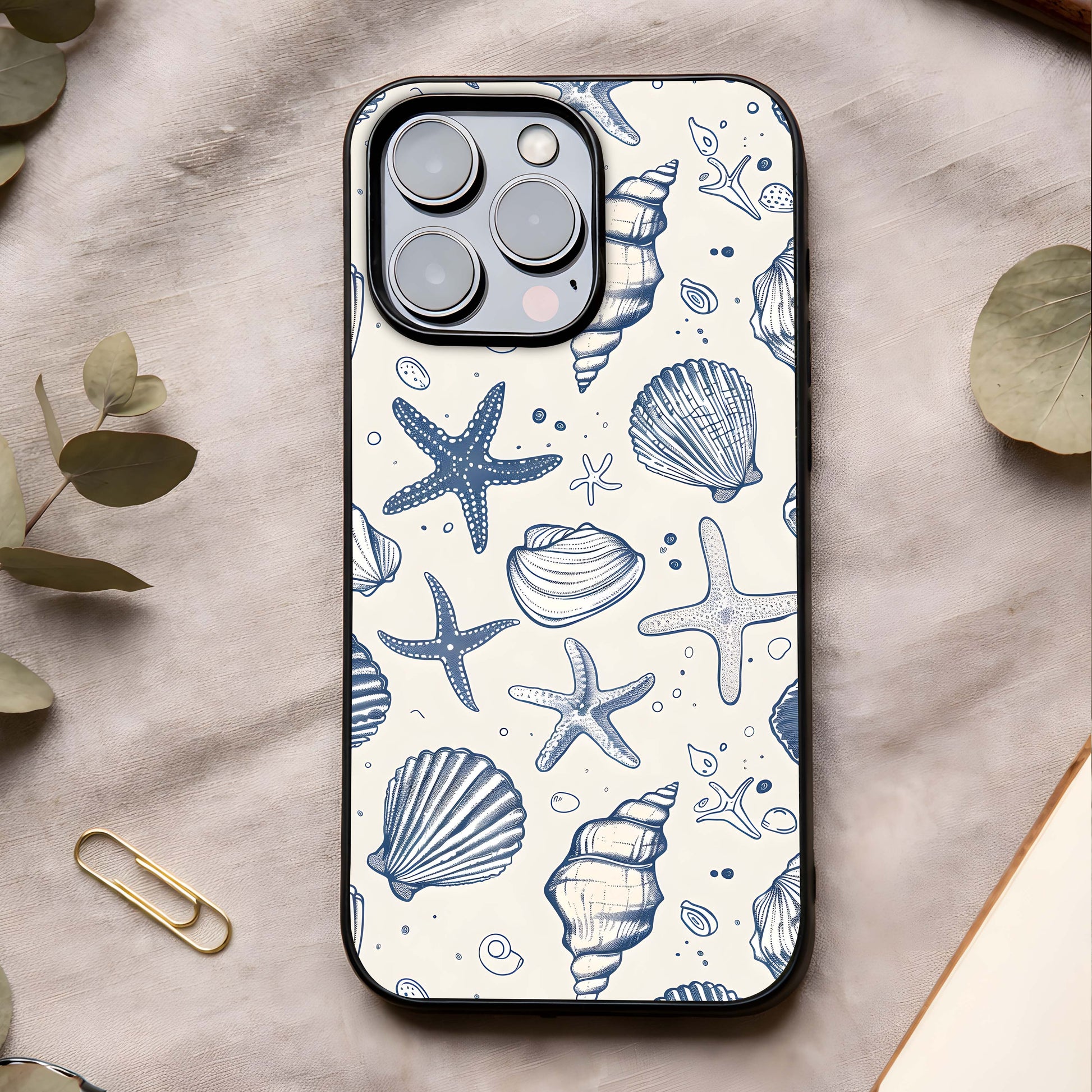 Blue Ocean Outline Glass Case showing full back design in clean flat view with minimal ocean lines and glossy glass finish.