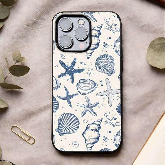 Blue Ocean Outline Glass Case showing full back design in clean flat view with minimal ocean lines and glossy glass finish.