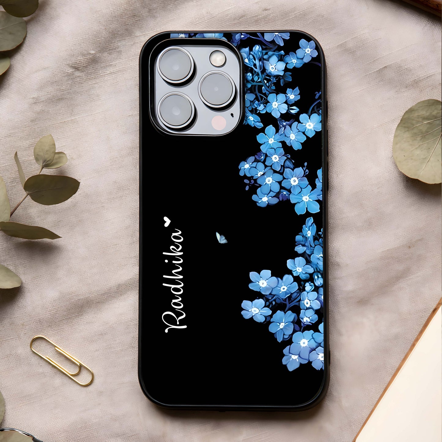 Blue Petal Dream Custom Name Glass Case showing full back design in clean flat view with soft floral tones and glossy glass finish.