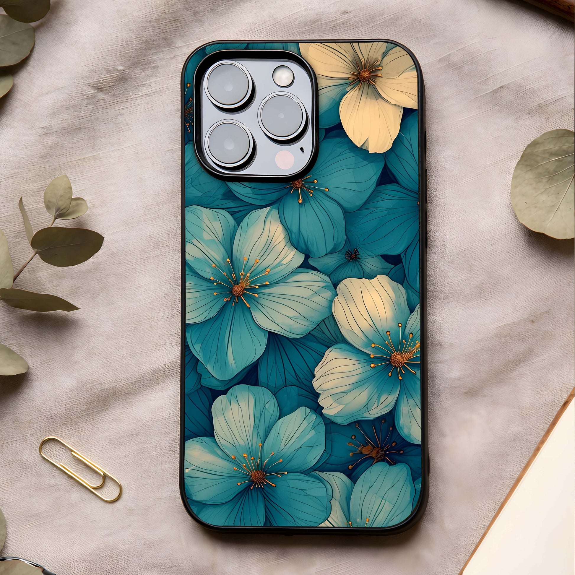 Blue Shade Floral Glass Case showing full back design in clean flat view with layered blue florals and glossy glass finish.