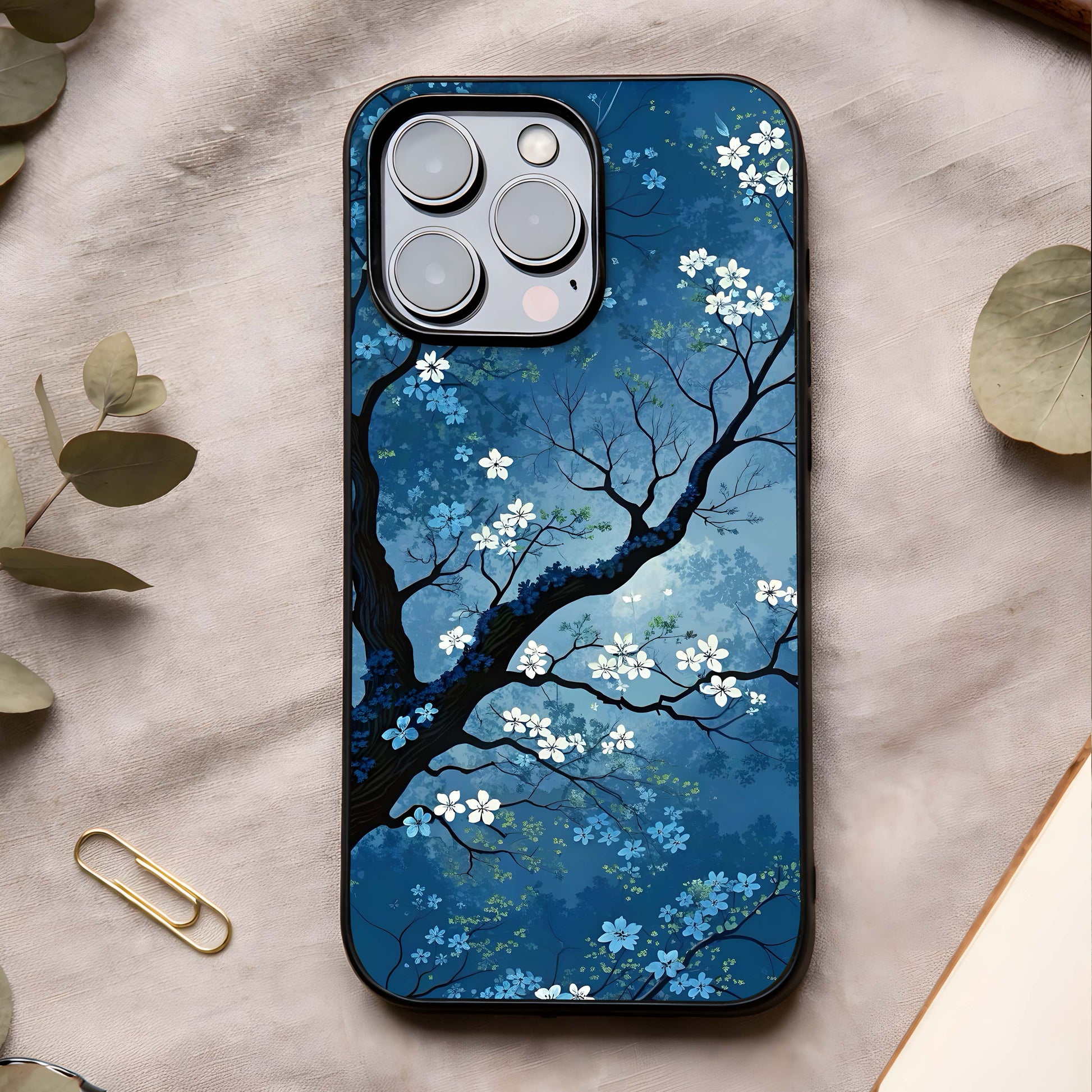 Blue Tree Serenity Glass Case showing full back design in clean flat view with tranquil tree artwork and glossy glass finish.