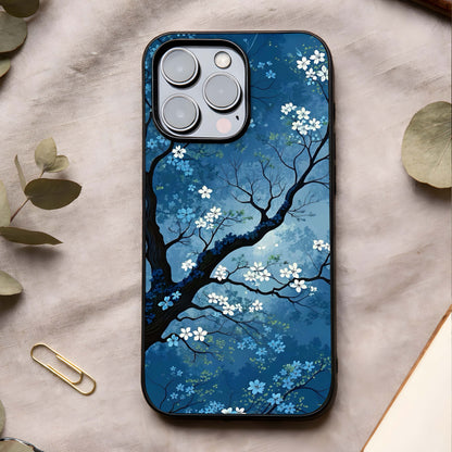 Blue Tree Serenity Glass Case showing full back design in clean flat view with tranquil tree artwork and glossy glass finish.