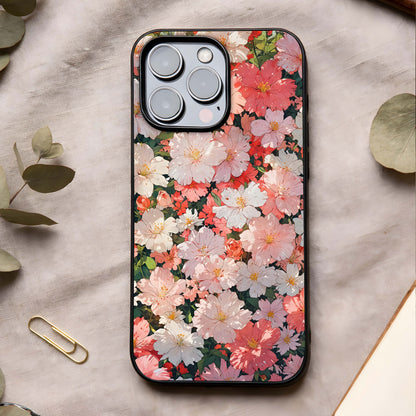 Blush Bloom Field Glass Case showing full back design in clean flat view with pastel florals and glossy glass finish.
