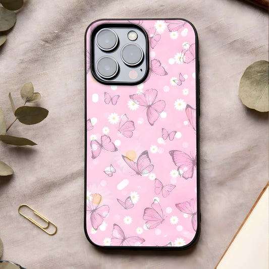 Blush Butterfly Garden Glass Case showing full back design in clean flat view with delicate butterflies and glossy glass finish.