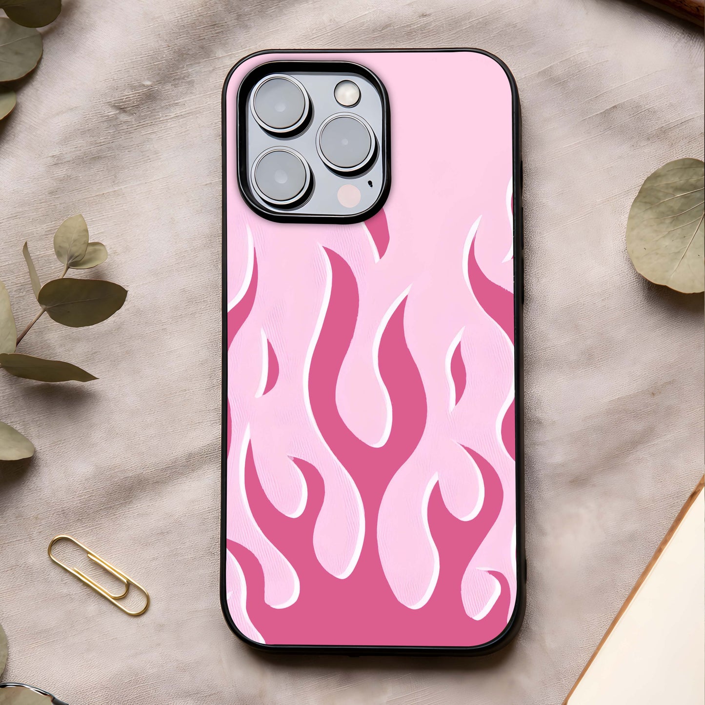 Blush Flame Energy Glass Case showing full back design in clean flat view with energetic accents and glossy glass finish.