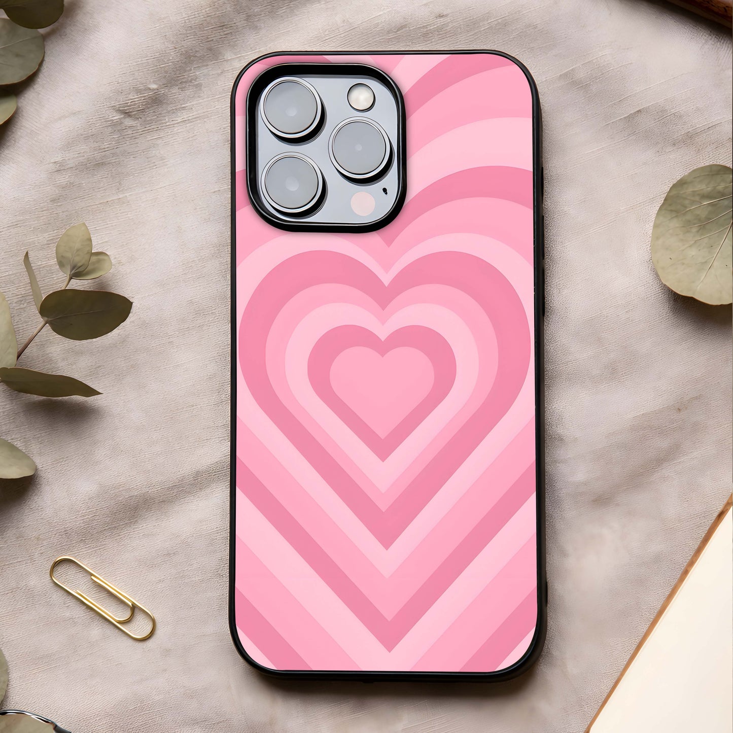 Blush Heart Waves Glass Case showing full back design in clean flat view with flowing heart waves and glossy glass finish.