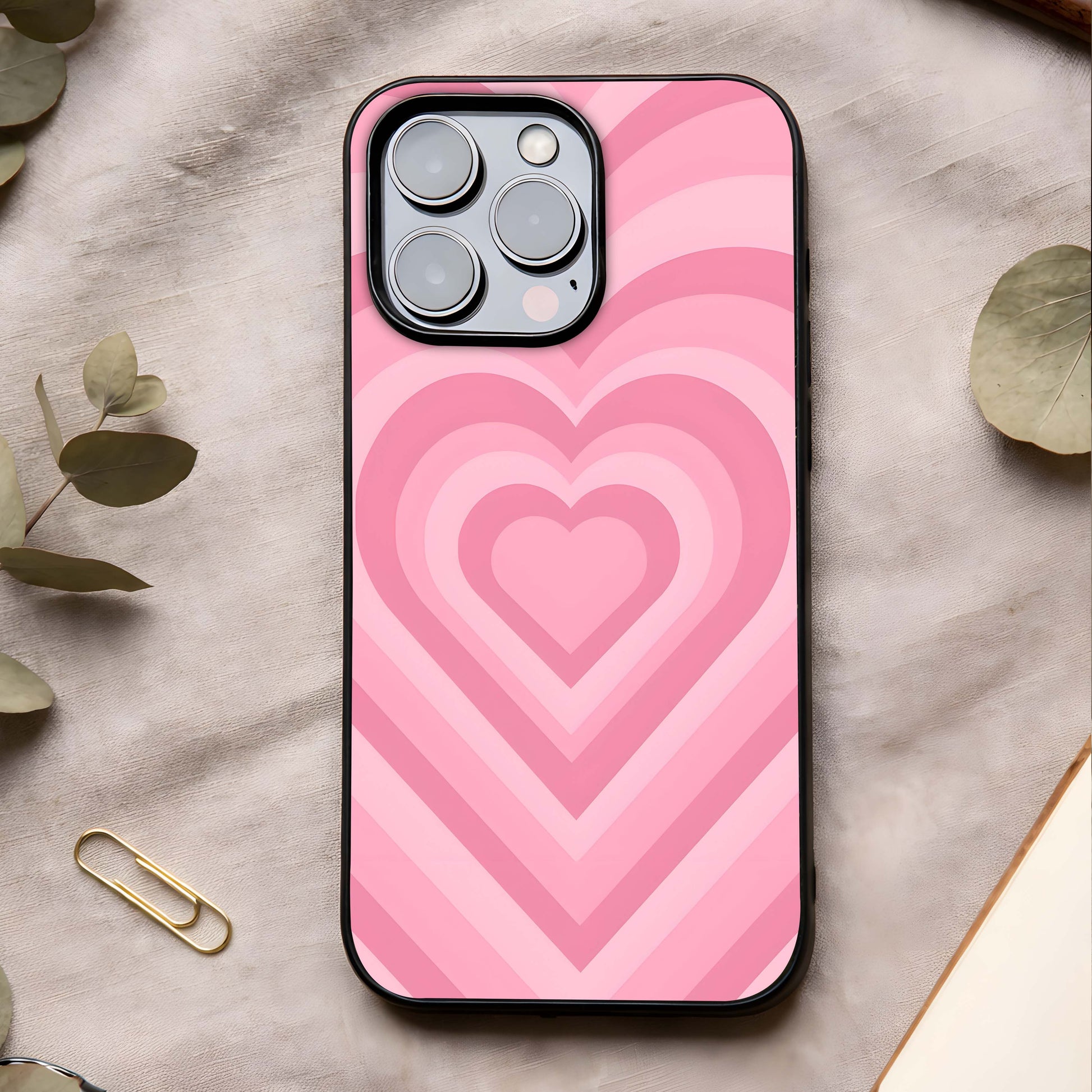 Blush Heart Waves Glass Case showing full back design in clean flat view with flowing heart waves and glossy glass finish.