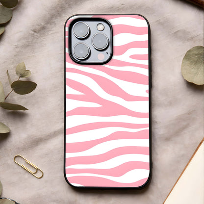 Blush Zebra Flow Glass Case showing full back design in clean flat view with abstract zebra lines and glossy glass finish.