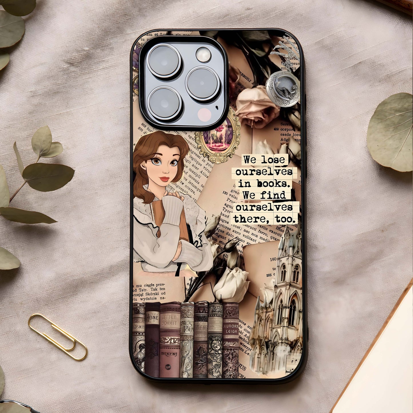 Bookish Dream World Glass Case showing full back design in clean flat view with imaginative book-themed art and glossy glass finish.