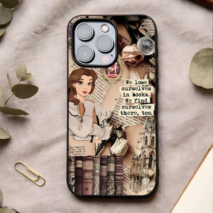 Bookish Dream World Glass Case showing full back design in clean flat view with imaginative book-themed art and glossy glass finish.