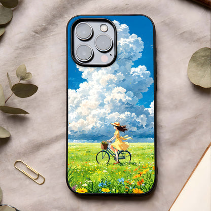 Breezy Meadow Ride Glass Case showing full back design in clean flat view with open meadow tones and glossy glass finish.
