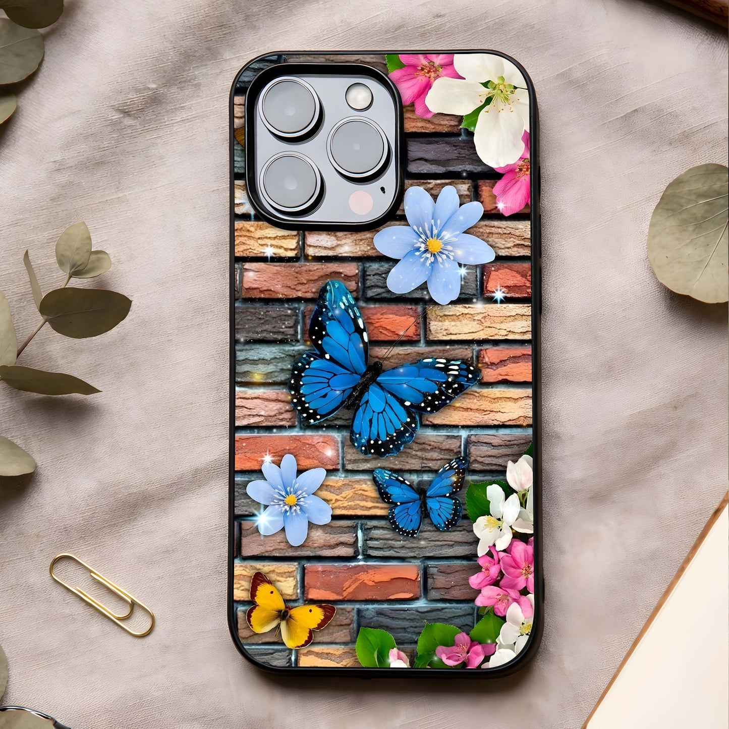 Brick Bloom Flight Glass Case showing full back design in clean flat view with floral flight elements and glossy glass finish.