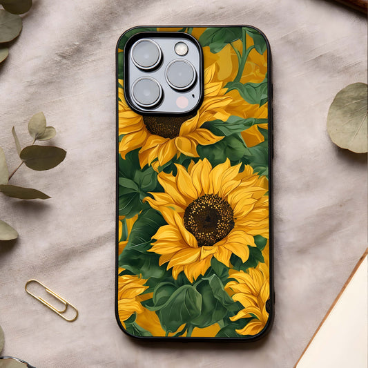 Bright Sunflower Bloom Glass Case showing full back design in clean flat view with vibrant sunflower artwork and glossy glass finish.