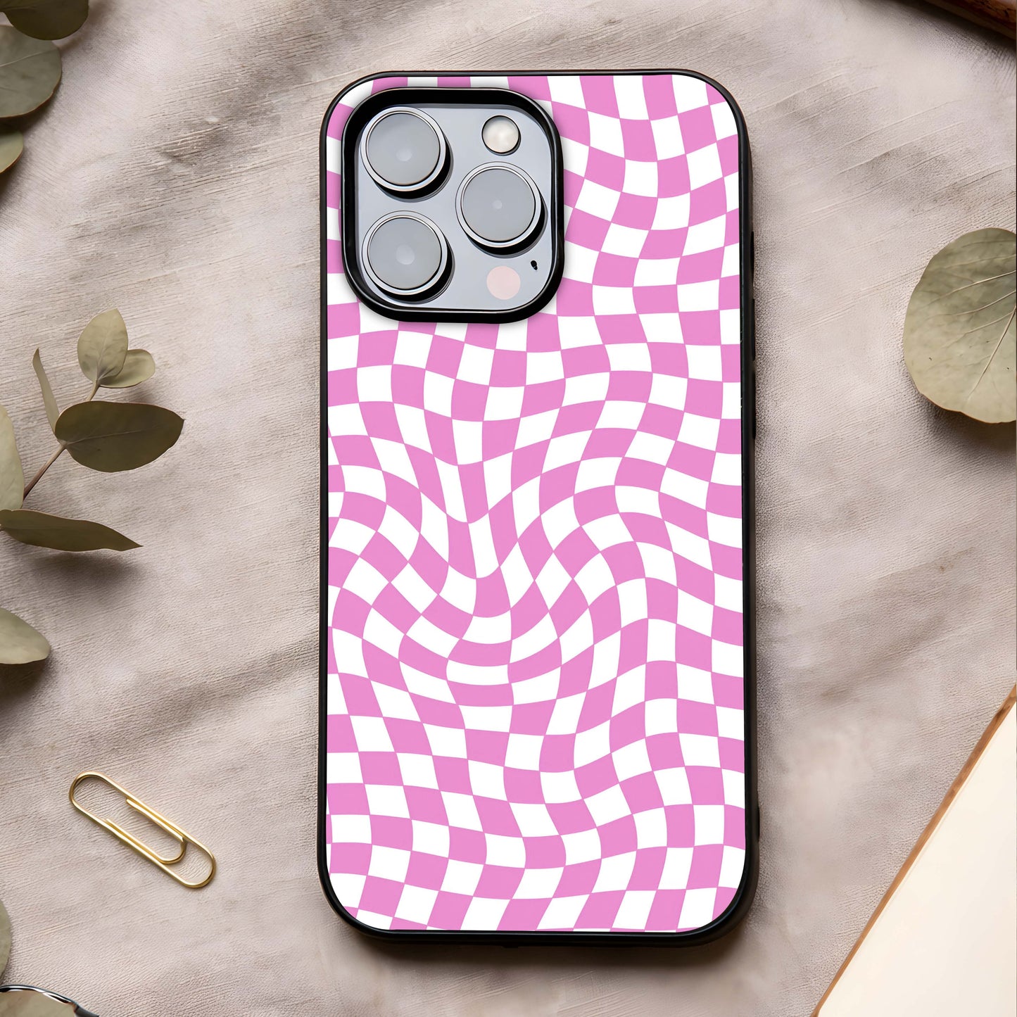Bubblegum Check Wave Glass Case showing full back design in clean flat view with playful check patterns and glossy glass finish.