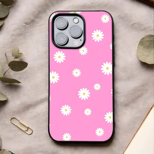 Bubblegum Daisy Pop Glass Case showing full back design in clean flat view with playful daisy art and glossy glass finish.